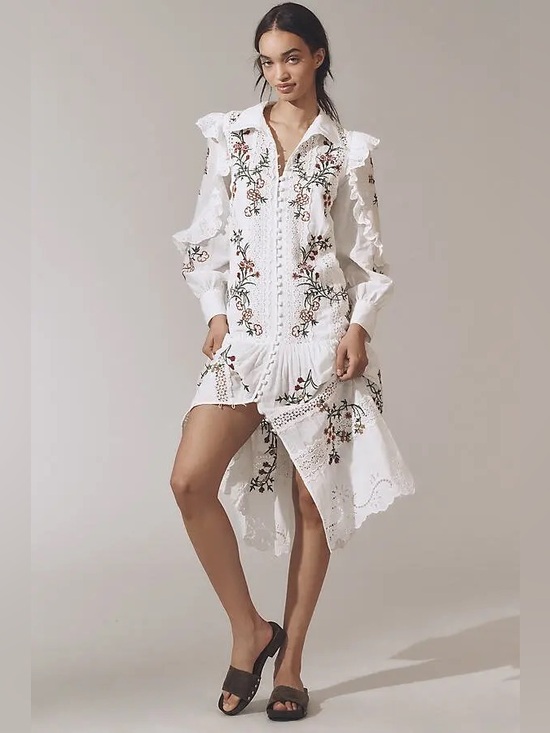 Anthropologie Dresses & Skirts - Anthropologie Long-Sleeve V-Neck Eyelet Midi Dress XL White Floral